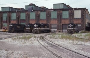 Wheeling and Lake Erie | Brewster, Ohio | Locomotive shop with diesel engines | October 12, 1991 | Dick Flock photographs