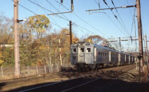 New Jersey Transit | Morristown, New Jersey | M&E Line | GE MU Electric Train #1385 | November 8, 1985 | Dick Flock photograph