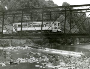 Baltimore Transit Company | Ellicott City, Maryland | Car #5748 | crossing truss bridge | September 20, 1953 | Ara Mesrobian photograph