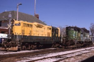 Hillsdale City Railroad | Hillsdale, Michigan | EMD GP9 #1601 and #1766 diesel-electric locomotives | May 1988 | Jack de Rosset photograph | Morning sun Books collection