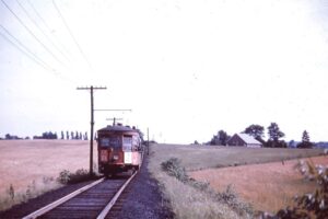 West Penn Railways | Mount Pleasant, Pennsylvania | Car 739 | Pa Turnpike behind | July 8, 1951 | Ara Mesrobian photograph | NRHS Collectionc