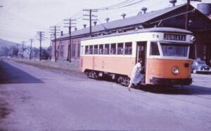 Altoona and Logan Valley Electric Railway | Altoona, Pennsylvania | Streetcar #74 | Juniata shops PRR | August 30, 1952 | Ara Mesrobian photograph