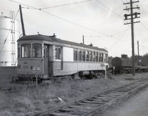 Hagerstown and Frederick Railroad | Frederick, Maryland | Interurban car #172 as office | November 6, 1954 | R.L. Long photograph | West Jersey Chapter NRHS Collection