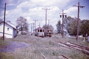 Hagerstown and Frederick Railway | Lewistown, Maryland | Interurban car #171 and FM5 | May 25, 1952 | Ara Mesrobian photograph