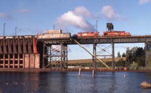 Lake Superior and Ishpeming Railroad | Presque Isle, Michigan | Alco RSD15 #2505 and 2503 | Iron ore unloading pier | August 17, 1986 | Jack de Rosset photograph | Morning Sun Books collection