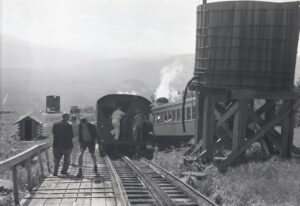 Mount Washington Cog Railway | Mount Washington, New Hampshire | Train meet at Water Tower | August 1958 | Fielding Lew Bowman photograph