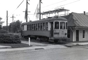 Hagerstown & Frederick Railway | Thurmont, Maryland | Interurban car #172 | Passenger station | July 20, 1951 | R.L. Long photograph | West Jersey Chapter, NRHS Collection