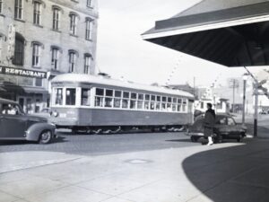 Lehigh Valley Transit | Allentown, Pennsylvania | Streetcar #932 | passing CRNJ Passenger station | October 26, 1952 | R.L. Long Photograph | West Jersey Chapter NRHS Collection