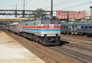 Amtrak | Trenton, New Jersey | GE E60 #952 electric motor | passenger car dead head move | June 1978 | William Rosenberg | Morning Sun Books collection