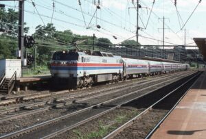 Amtrak | Trenton, New Jersey | GE E60 #967 electric motor | eastbound passenger train | Trenton, NJ station | June 1966 | William Rosenberg photograph | Morning Sun Books collection
