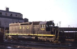 Baltimore and Ohio Railroad | Jersey City, New Jersey | EMD SD40 #7488 diesel-electric locomotive | at Jersey Central RR Communipaw Terminal facility | December 24, 1967 | Jack de Rosset photograph | Morning Sun Books Collection