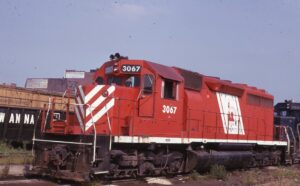 Central Railroad of New Jersey | Scranton, Pennsylvania | EMD Class SD40 #3067 diesel-electric locomotive | Red Baron scheme | August 2, 1975 | David Hamley photograph | Morning Sun Books collection