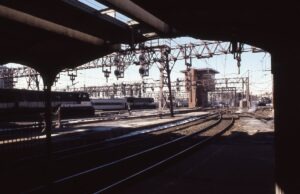 New Jersey Transit | ex Conrail / EL / DL&W | Hoboken, New Jersey | GE U34CH diesel-electric locomotives | Train station | February 25, 1987 | Quinn Finta photograph