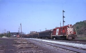 Central Railroad of New Jersey | Phillipsburg, New Jersey | EMD GP7P #1524 diesel-electric locomotive | Red Baron / Coast Guard scheme |Commuter train | May 11, 1975 | Al Holtz photograph / collection