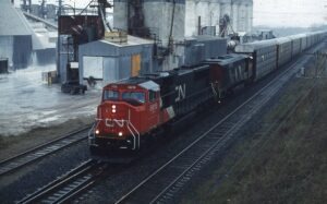 Canadian National Railway | Hamilton, Ontario, Canada | GMD SD70MI #5681 + 1 diesel-electric locomotives | Eastbound Autorack train | May 19, 1996 | Dick Flock photograph / collection