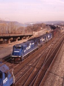 Conrail | Conway, Pennsylvania | GE C30-7A #6595, #6584 and #6574 diesel-electric locomotives | eastbound coal train | April 6, 1995 | Dick Flock photograph / collection