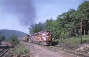 Lehigh Valley Railroad | Laurel Run, Pennsylvania | EMD F7a #566 + 1 and steam locomotive | Special excursion | June 29, 1969 | Allan H. Roberts photograph | Mitchell E. Dakelman collection