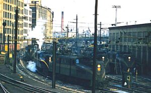 Pennsylvania Railroad | Queens, New York | Sunnyside Yard Engine Service Facility | GG1 motors being serviced | 1955 | John Dziobko, Jr. photograph | Jack de Rosset collection
