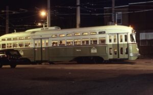 Southeastern Pennsylvania Transit Authority | SEPTA | Philadelphia, Pennsylvania | PCC Streetcar #2168 | Wilmington Chapter, NRHS night charter | November 20, 1999 | Mitchell E. Dakelman photograph / collection