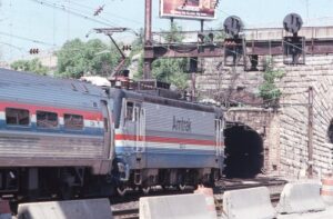 Amtrak | ex-Penn Central, Pennsylvania and Baltimore & Potomac Railroads | Baltimore, Maryland | EMD AEM7 #937 electric motor | Baltimore & Potomac Railroad Tunnel | Westbound passenger train | 1982 | William Barr photograph / collection
