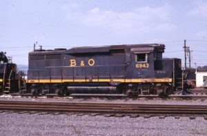 Baltimore and Ohio Railroad | Cumberland, Maryland | EMD GP30 #6943 diesel-electric locomotive | August 1973 | Jack de Rossett photograph | Morning Sun Books collection