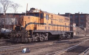 Maine Central Railroad | Bangor, Maine | EMD GP7 #593 diesel-electric locomotive | April 6, 1982 | John B. Wilson photograph / collection