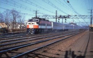New Haven, New York and Hartford Railroad | Stamford, Connecticut | GE EP5 #372 electric motor | westbound passenger train | April 5, 1956 | Dave Sweetland photograph | Mitchell E. Dakelman collection