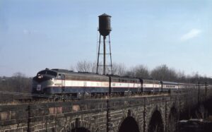New Jersey Transit | on former Central Railroad of New Jersey | EMD E8a #4248, #4257 and #4253 diesel-electric locomotives | Farewell to the CRNJ excursion | Greens Bridge | October 1985 | Frank Etzel photograph / collection