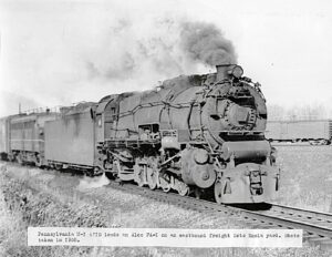 Pennsylvania Railroad | Enola, Pennsylvania | Altoona Works class M1 4-8-2 #6715 steam locomotive plus Alco FA1 diesel-electric locomotive | 1955 | Ed Kaspriske photograph / collection
