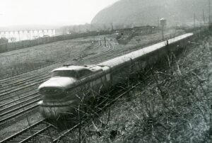 Pennsylvania Railroad | Marysville, Pennsylvania | EMD Aerotrain | NYC to Pittsburgh passenger train | 1956 Ed Kaspriske photograph / collection