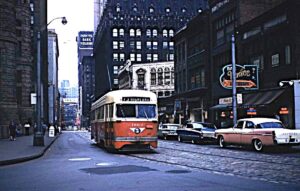 Pittsburgh Railways Company | Pittsburgh, Pennsylvania | PCC Streetcar # 1602 | Route 73 Highland | 5th and Court Place | April 28, 1962 | Harold Buckley, Jr. photograph / collection
