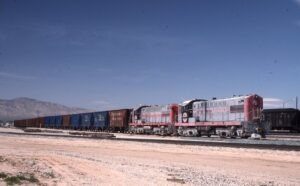 Trona Railroad | Mojave, California | Baldwin AS616 #54 and #57 diesel-electric locomotives | hopper train | April 23, 1993 | Carl Perelman photograph | Frank Etzel collection