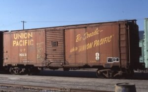 Union Pacific Railroad | Pocatello, Idaho | Box car #912142 | Be Specific Ship Union Pacific slogan | August 23, 1987 | Dick Flock photograph / collection