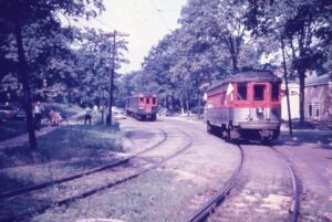 Chicago, North Shore and Milwaukee Railroad | Wilmette, Illinois | Electric commuter trains, one special | 1950 | Shore Line Service | James A. Stitzel photograph | Charles Anderson collection