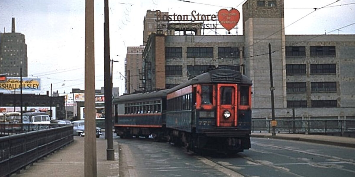 Chicago, Milwaukee and North Shore Railroad | Milwaukee, Wisconsin | Interurban electric car #774 +1 | January 1953 | Richard R. Wallin photograph | Charles Anderson Collection