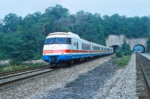 Amtrak | Oscawana, New York | Rohr Turbotrain #163 power unit | Empire Service New York City Bound train | Oscawana Tunnel | August 1983 | Frank Etzel photograph / collection