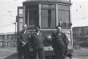 Atlantic City Transportation Company | Atlantic City, New Jersey | Brill Trolley / streetcar with crew | Inlet Car Barn | for NRHS special | May 1942 | Henry Libby photograph / collection