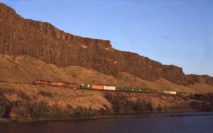 Burlington Northern Sante Fe Railroad | BNSF | Celilo, Oregon | GE C44-9W #1021 + 3 diesel-electric locomotives | freight train | September 2, 1988 | Carl Perelman photograph | Frank Etzel collection
