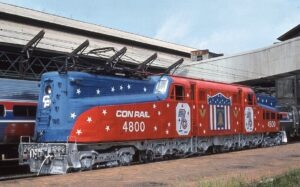 Conrail | Harrisburg, Pennsylvania | Baldwin / GE GG1 #4800 electric motor | 1976 Bi-centennial scheme | September 5, 1976 | Ralph Phillips photograph | Mitchell E. Dakelman collection