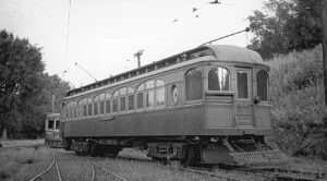 Fonda Johnstown and Gloversville Railroad | Gloversville, New York | Interurban electric passenger car #104 | August 1937 | Gerald F. Cunningham Bromley photograph | Elmer Kemkow collection