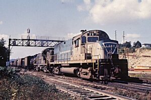 Lehigh and Hudson River Railway | Bethlehem, Pennsylvania | Alco C420 #25 and RS3 #10 diesel-electric locomotives | eastbound freight | October 1967 | Dave Augsburger photograph | Charles Anderon collection