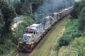 Lehigh and Hudson River Railway | Greycourt, New York | Alco C420 #28, #21 + 1 diesel-electric locomotives | August 1972 | Dave Augsburger photograph | Charles Anderson collection