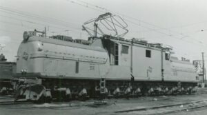 Chicago Milwaukee Saint Paul and Pacific Railroad | aka Milwaukee Road | Deer Lodge, Montana | GE Bipolar #EP2 electric motor | April 1958 | Harold Vollrath photograph | Elmer Kremkow collection
