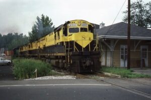 New York Susquehanna and Western Railroad | Maywood, New Jersey | Alco C430 #3003 + 3 diesel-electric locomotives | eastbound stack train | August 1986 | Frank Etzel photograph / collection