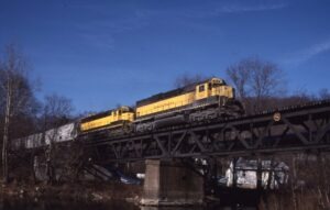 New York Susquehanna and Western Railroad | Oakland, New Jersey | EMD SD45 #3612 + 1 diesel-electric locomotives | eastbound train SJ6 freight | Oakland Ramapo River Bridge | December 17, 1997 | Carl Perelman photograph | Frank Etzel collection