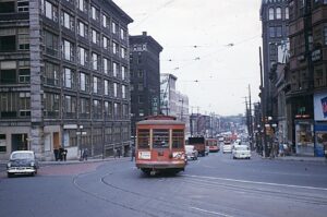 Ottawa Public Transit | Ottawa, Ontario, Canada | Streetcar no number viewed, near train station | September 1957 | Al Holtz photograph / collection