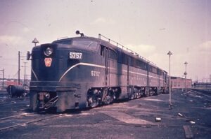 Pennsylvania Railroad | Kearny, New Jersey | Class Alco PA #5757 + 1 diesel-electric locomotives | August 1961 | Meadows Yard | Al Roberts photograph | Mitchell E. Dakelman collection