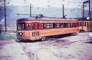 West Penn Railways | Charleroi, Pennsylvania | Interurban / streetcar #832 | 1953 | C.E. English photograph | Stephen Timko collection