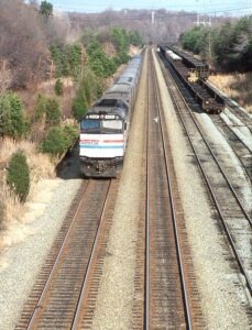 Amtrak | Woodbridge, Virginia | EMD F40PH #258 diesel-electric locomotive | Richmond bound Amtrak passenger train | February 1992 | Henry Bielstein photograph / collection
