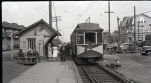 Atlantic City and Shore Railway | aka Shore Fast Line | Pleasantville, New Jersey | Interurban streetcar | Pleasantville station | Washington, DC Chapter fan trip | May 1942 | Henry Libby photograph / collection
